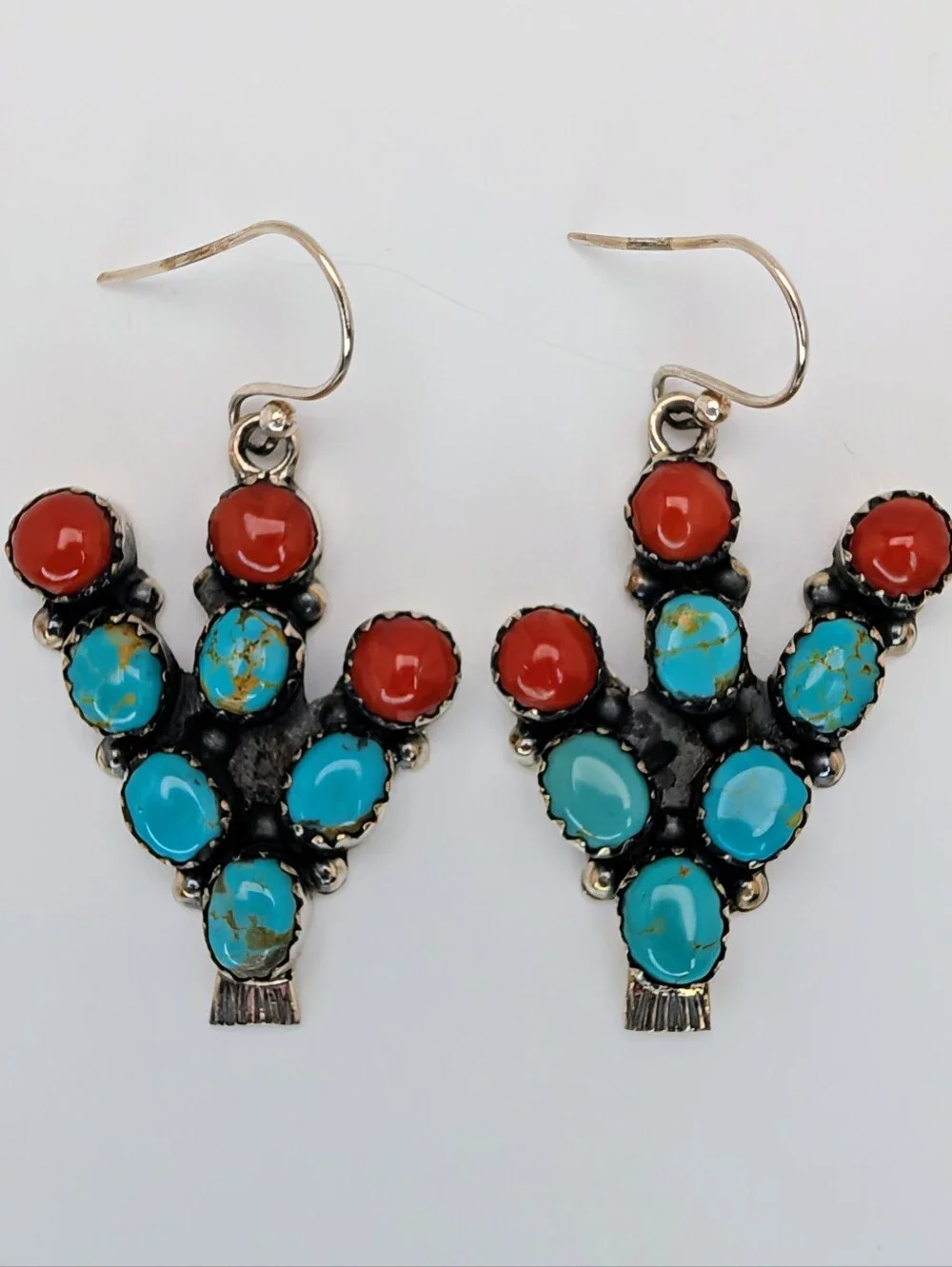 Kingman Turquoise & Coral S925 Sterling Silver Cactus Dangle Earrings
